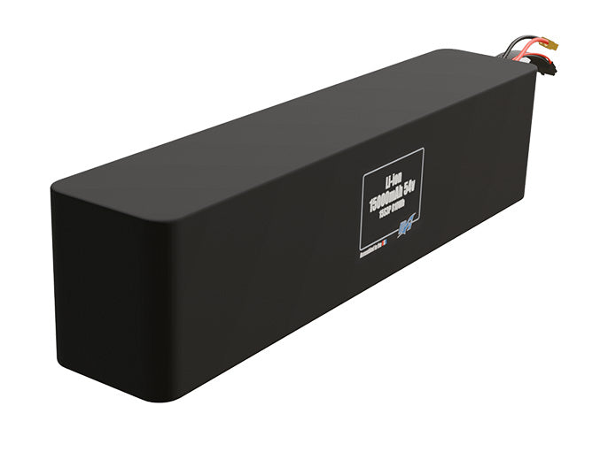 Rendered view of a slim 15000mAh Lithium-Ion pack, used in UAV and defense-grade robotics projects.