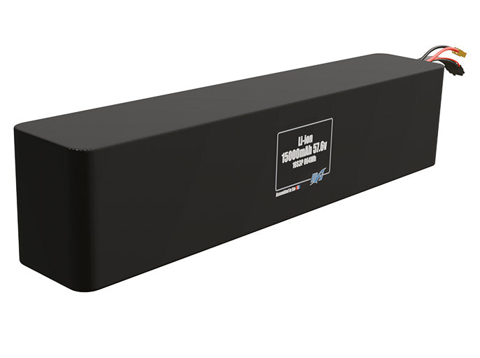 Rendered view of a slim 15000mAh Lithium-Ion pack, used in UAV and defense-grade robotics projects.