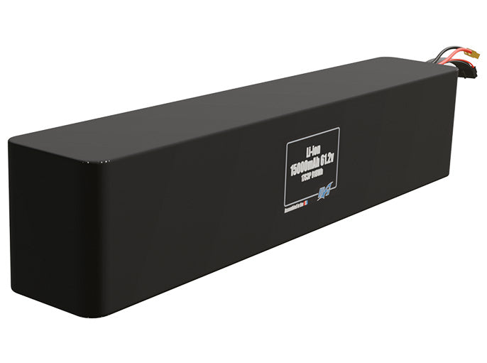 Rendered view of a slim 15000mAh Lithium-Ion pack, used in UAV and defense-grade robotics projects.