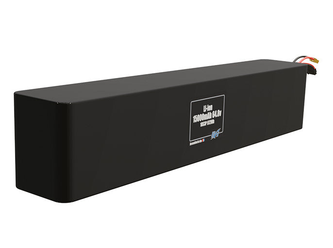 Rendered view of a slim 15000mAh Lithium-Ion pack, used in UAV and defense-grade robotics projects.
