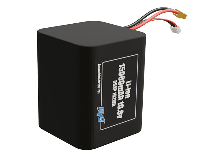 Rendered view of a slim 15000mAh Lithium-Ion pack, used in UAV and defense-grade robotics projects.