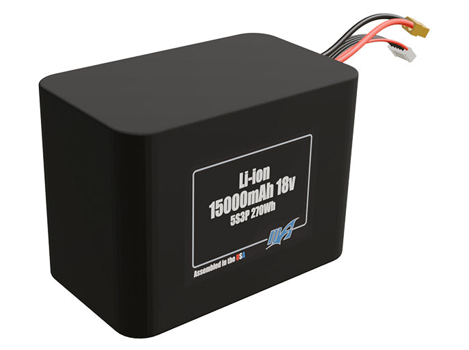 Rendered view of a slim 15000mAh Lithium-Ion pack, used in UAV and defense-grade robotics projects.
