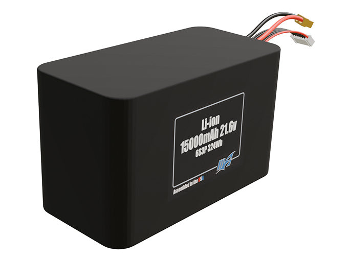 Rendered view of a slim 15000mAh Lithium-Ion pack, used in UAV and defense-grade robotics projects.