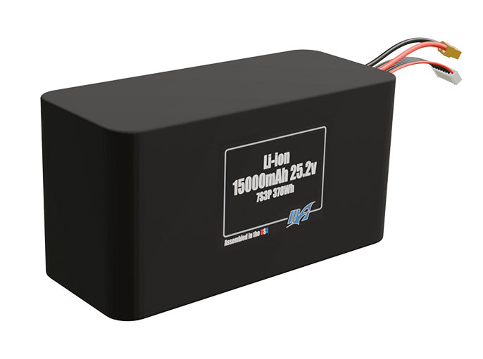 Rendered view of a slim 15000mAh Lithium-Ion pack, used in UAV and defense-grade robotics projects.