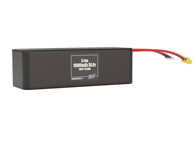 Rendered view of a slim 18000mAh Lithium-Ion pack, used in large UAV and defense-grade robotics projects.