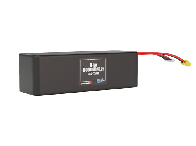 Rendered view of a slim 18000mAh Lithium-Ion pack, used in large UAV and defense-grade robotics projects.