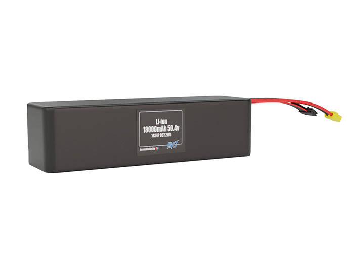 Rendered view of a slim 18000mAh Lithium-Ion pack, used in large UAV and defense-grade robotics projects.