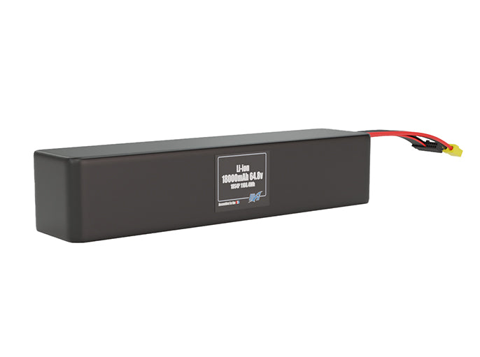 Rendered view of a slim 18000mAh Lithium-Ion pack, used in large UAV and defense-grade robotics projects.