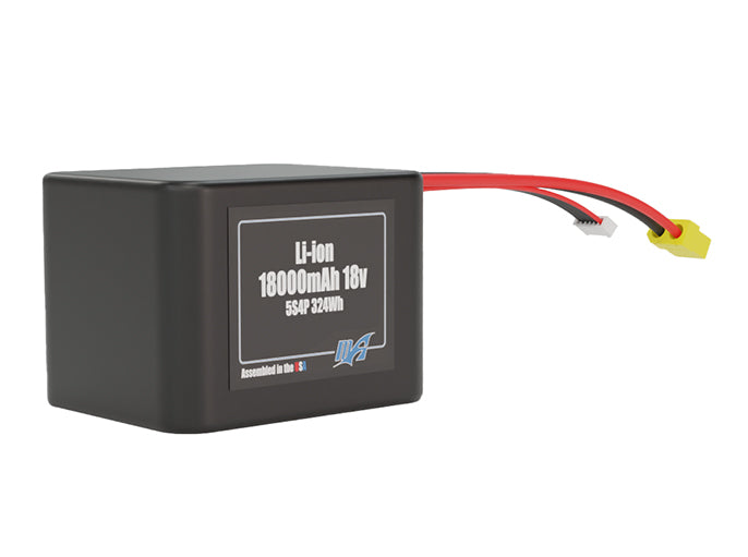 Rendered view of a slim 18000mAh Lithium-Ion pack, used in large UAV and defense-grade robotics projects.