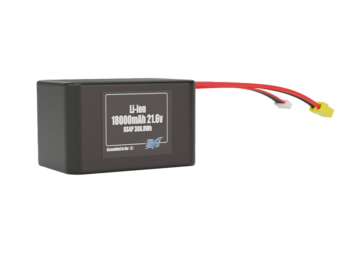 Rendered view of a slim 18000mAh Lithium-Ion pack, used in large UAV and defense-grade robotics projects.
