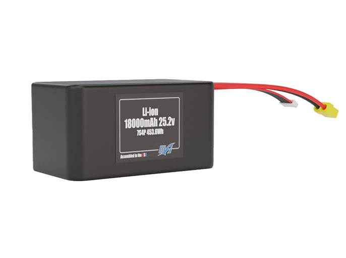 Rendered view of a slim 18000mAh Lithium-Ion pack, used in large UAV and defense-grade robotics projects.