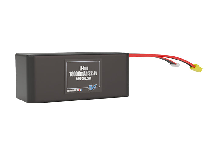 Rendered view of a slim 18000mAh Lithium-Ion pack, used in large UAV and defense-grade robotics projects.