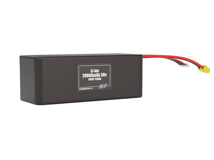 Rendered view of a slim 20000mAh Lithium-Ion pack, used in large UAV and defense-grade robotics projects.