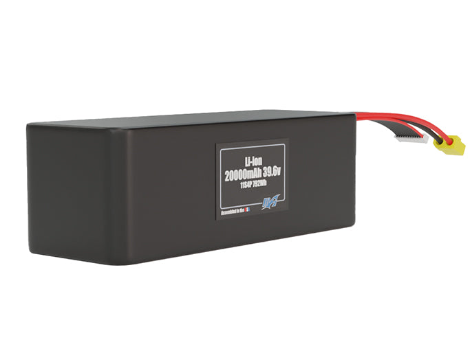 Rendered view of a slim 20000mAh Lithium-Ion pack, used in large UAV and defense-grade robotics projects.