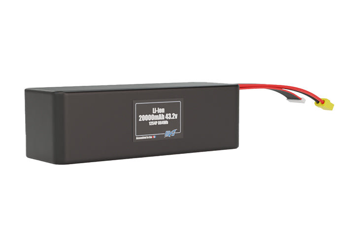 Rendered view of a slim 20000mAh Lithium-Ion pack, used in large UAV and defense-grade robotics projects.
