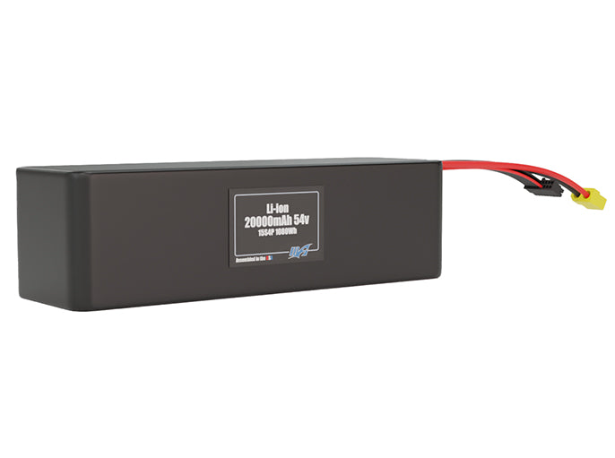 Rendered view of a slim 20000mAh Lithium-Ion pack, used in large UAV and defense-grade robotics projects.