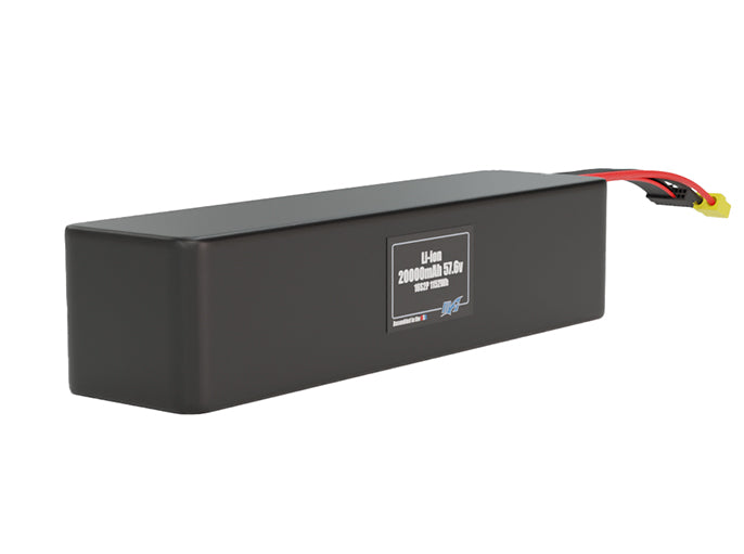 Rendered view of a slim 20000mAh Lithium-Ion pack, used in large UAV and defense-grade robotics projects.
