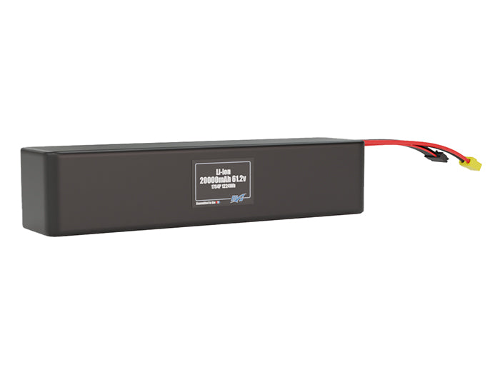 Rendered view of a slim 20000mAh Lithium-Ion pack, used in large UAV and defense-grade robotics projects.