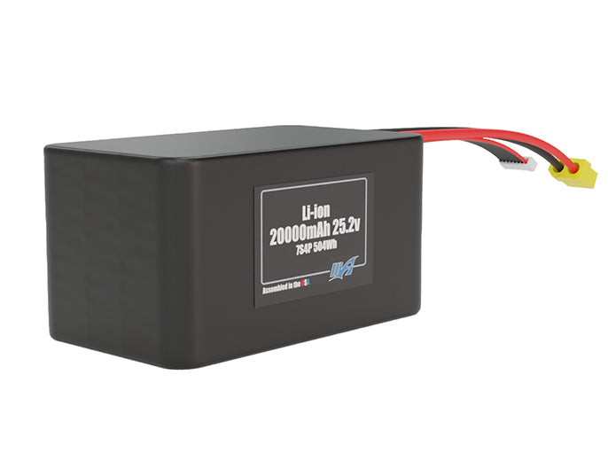 Rendered view of a slim 20000mAh Lithium-Ion pack, used in large UAV and defense-grade robotics projects.