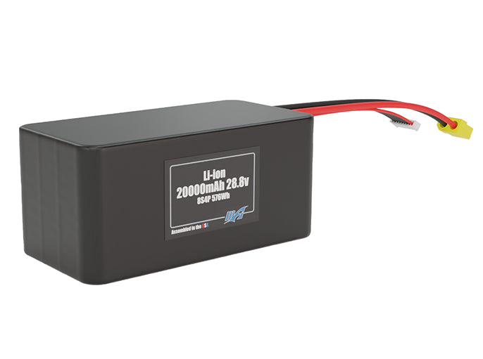Rendered view of a slim 20000mAh Lithium-Ion pack, used in large UAV and defense-grade robotics projects.