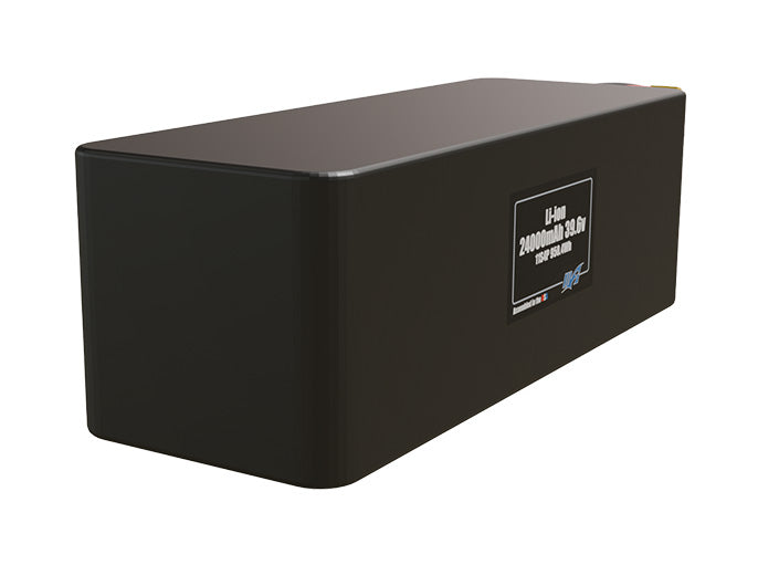 Rendered view of a slim 24000mAh Lithium-Ion pack, used in large UAV and defense-grade robotics projects.