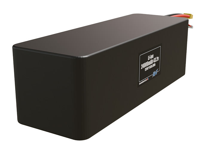 Rendered view of a slim 24000mAh Lithium-Ion pack, used in large UAV and defense-grade robotics projects.
