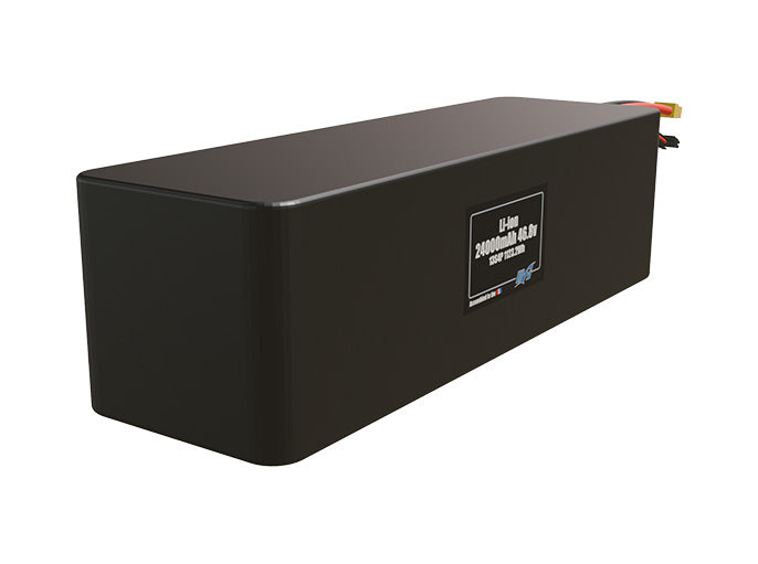 Rendered view of a slim 24000mAh Lithium-Ion pack, used in large UAV and defense-grade robotics projects.