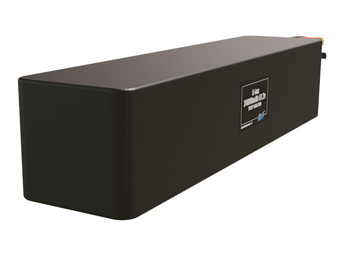 Rendered view of a slim 24000mAh Lithium-Ion pack, used in large UAV and defense-grade robotics projects.