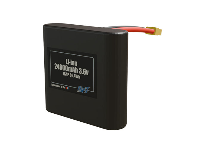 Rendered view of a slim 24000mAh Lithium-Ion pack, used in large UAV and defense-grade robotics projects.