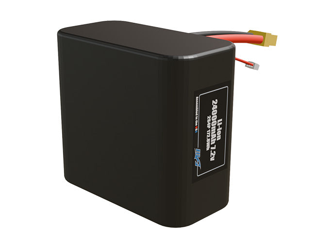 Rendered view of a slim 24000mAh Lithium-Ion pack, used in large UAV and defense-grade robotics projects.