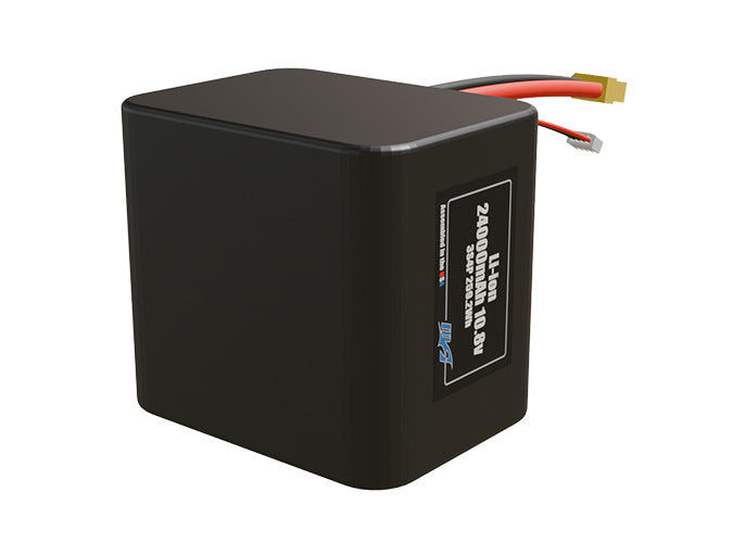 Rendered view of a slim 24000mAh Lithium-Ion pack, used in large UAV and defense-grade robotics projects.