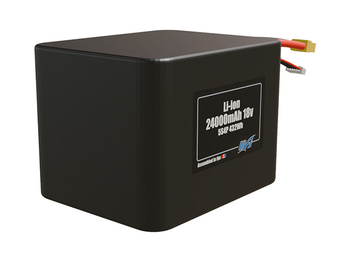 Rendered view of a slim 24000mAh Lithium-Ion pack, used in large UAV and defense-grade robotics projects.