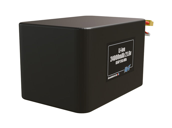 Rendered view of a slim 24000mAh Lithium-Ion pack, used in large UAV and defense-grade robotics projects.