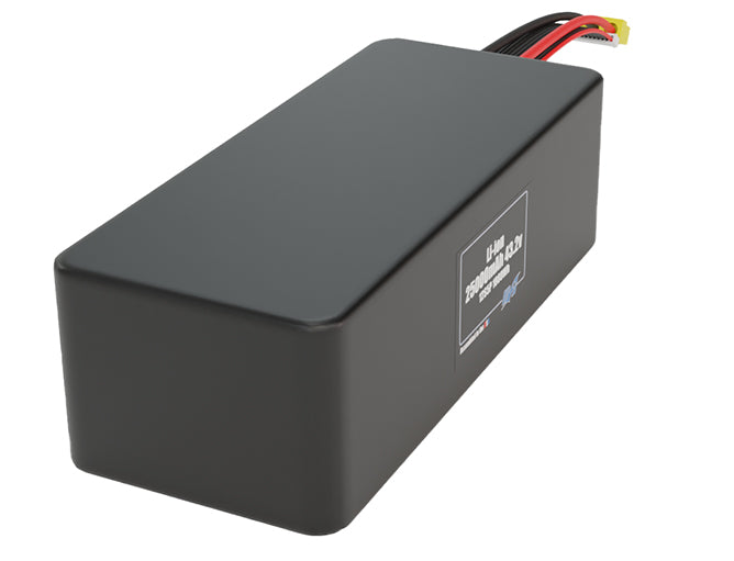 Rendered view of a slim 25000mAh Lithium-Ion pack, used in large UAV and defense-grade robotics projects.