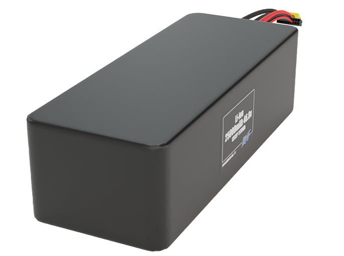 Rendered view of a slim 25000mAh Lithium-Ion pack, used in large UAV and defense-grade robotics projects.