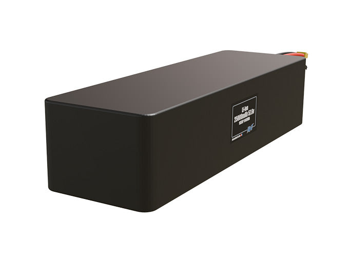 Rendered view of a slim 25000mAh Lithium-Ion pack, used in large UAV and defense-grade robotics projects.