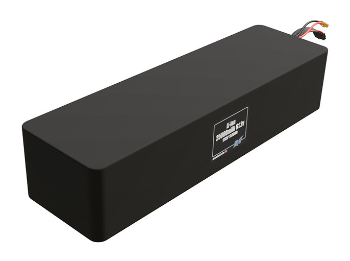Rendered view of a slim 25000mAh Lithium-Ion pack, used in large UAV and defense-grade robotics projects.
