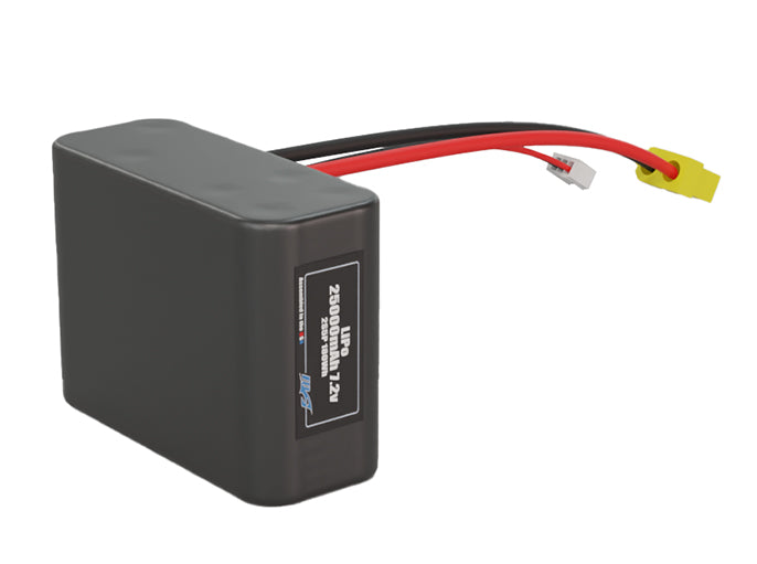 Rendered view of a slim 25000mAh Lithium-Ion pack, used in large UAV and defense-grade robotics projects.