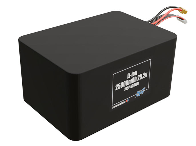Rendered view of a slim 25000mAh Lithium-Ion pack, used in large UAV and defense-grade robotics projects.