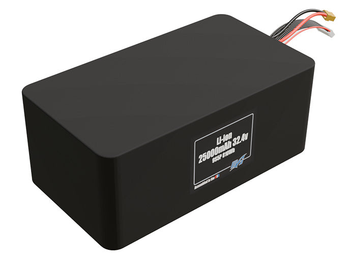 Rendered view of a slim 25000mAh Lithium-Ion pack, used in large UAV and defense-grade robotics projects.