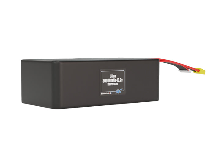 Rendered view of a slim 30000mAh Lithium-Ion pack, used in large UAV and defense-grade robotics projects.