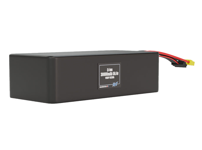 Rendered view of a slim 30000mAh Lithium-Ion pack, used in large UAV and defense-grade robotics projects.