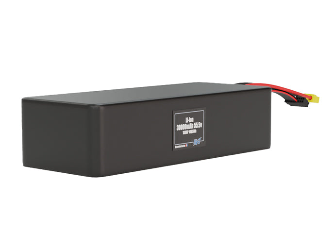 Rendered view of a slim 30000mAh Lithium-Ion pack, used in large UAV and defense-grade robotics projects.