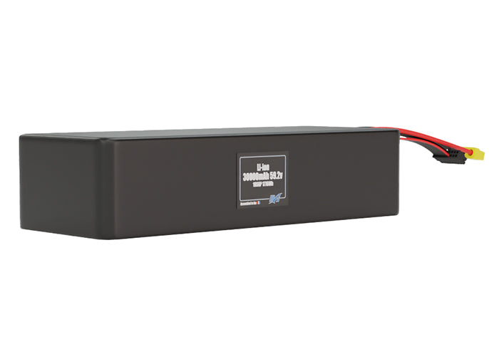 Rendered view of a slim 30000mAh Lithium-Ion pack, used in large UAV and defense-grade robotics projects.