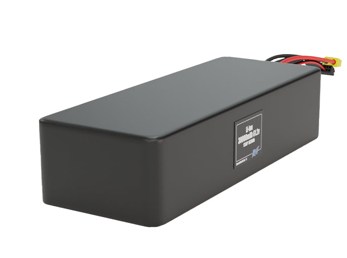 Rendered view of a slim 30000mAh Lithium-Ion pack, used in large UAV and defense-grade robotics projects.