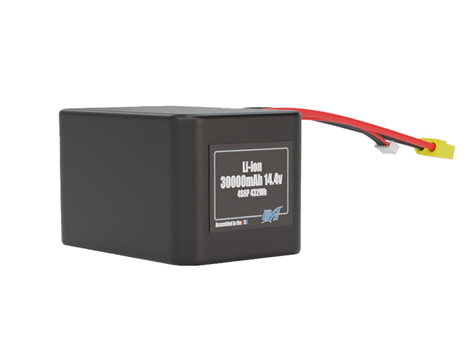 Rendered view of a slim 30000mAh Lithium-Ion pack, used in large UAV and defense-grade robotics projects.