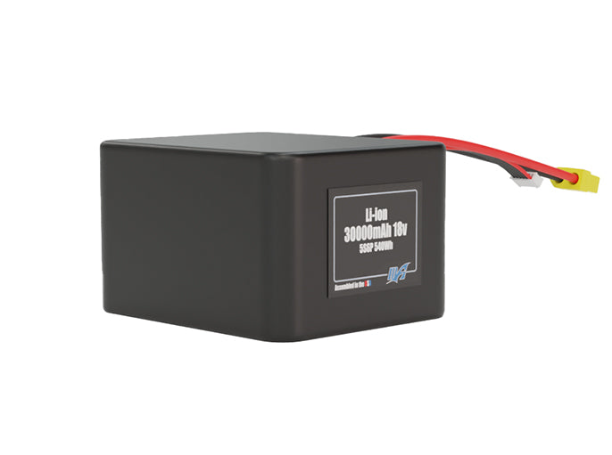 Rendered view of a slim 30000mAh Lithium-Ion pack, used in large UAV and defense-grade robotics projects.