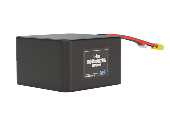 Rendered view of a slim 30000mAh Lithium-Ion pack, used in large UAV and defense-grade robotics projects.