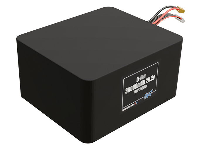 Rendered view of a slim 30000mAh Lithium-Ion pack, used in large UAV and defense-grade robotics projects.