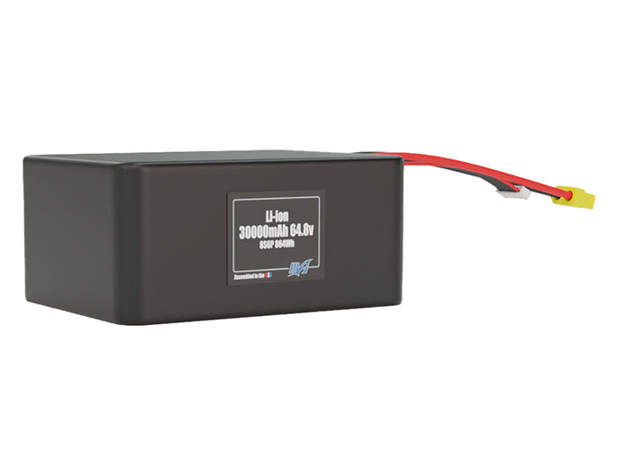 Rendered view of a slim 30000mAh Lithium-Ion pack, used in large UAV and defense-grade robotics projects.